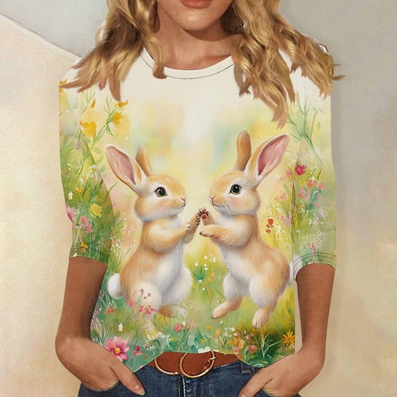 TARIENDY Plus Size Easter Shirts for Women Cute Bunny Floral Graphic Tees 3/4 Sleeve Round Neck Easter Day Blouses Loose Casual Summer Tunic Tops Multicolor XXXXL