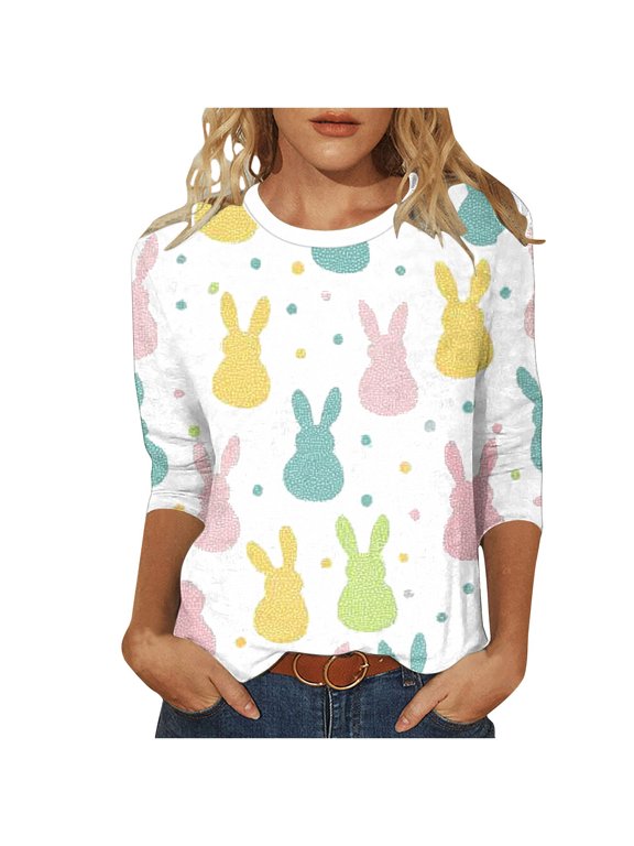 Plus Size Easter Shirts for Women 3/4 Sleeve Crewneck Tunic Shirt Funny Bunny Eggs Printed Blouses Easter Day Tops Yellow M