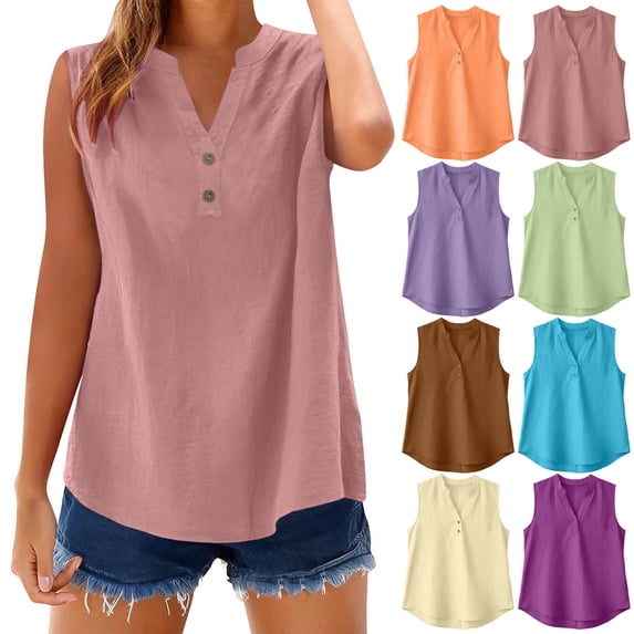 TARIENDY Plus Size Tank Tops for Women Cotton Linen Sleeveless Buttons Shirts V Neck Loose Fit Summer Tank Top Going Out Tops Pink XXXL