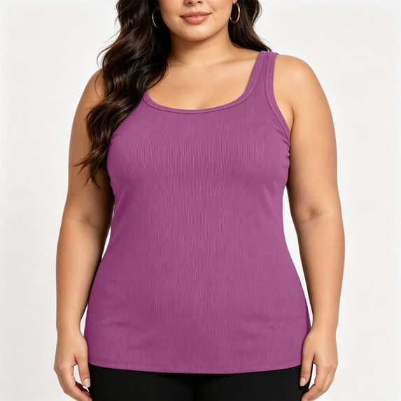 TARIENDY Plus Size Tank Tops for Women with Padded Lined U Neck Ribbed Basic Tanks Wide Straps Sleeveless Shirts with Built in Bra Purple XXXXXXL
