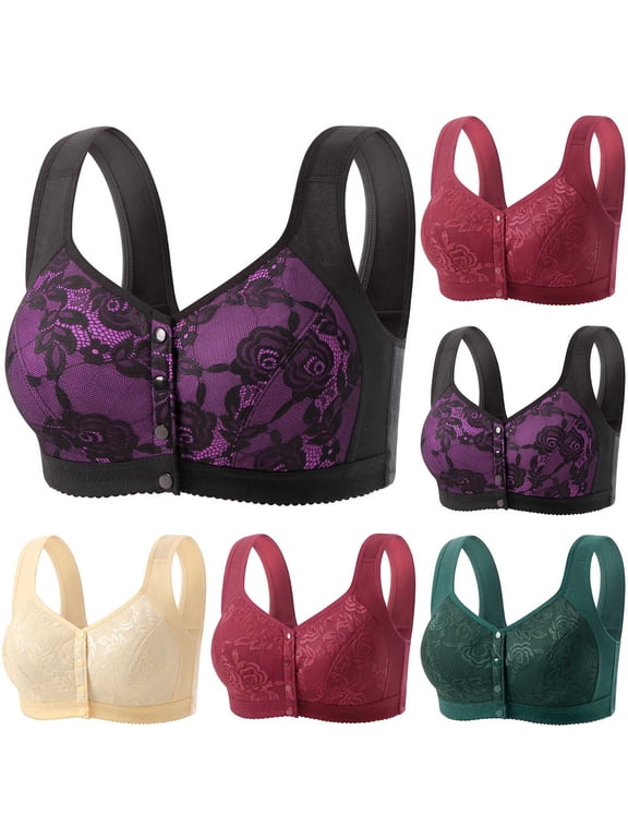 Plus Size Womens Bra for Large Bust Front Closure Bras for Older Women Full Coverage Lift Everyday Bra Wirefree Lace Bralette Purple XXXL
