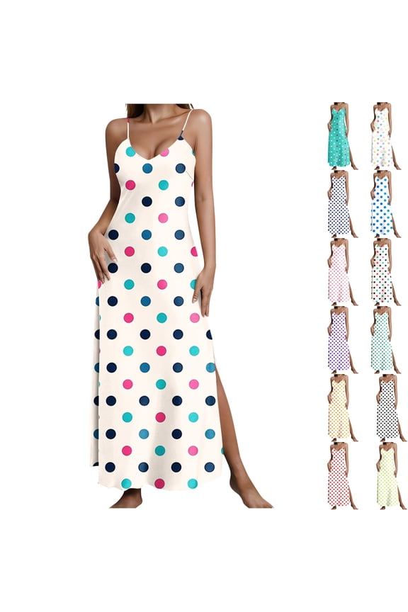 Polka Dots Dress for Women Long Satin Night Gowns Side Slit Slip Dresses V Neck Sleeveless Sleepwear Spaghetti Straps Nightdress Multicolor*6 XL