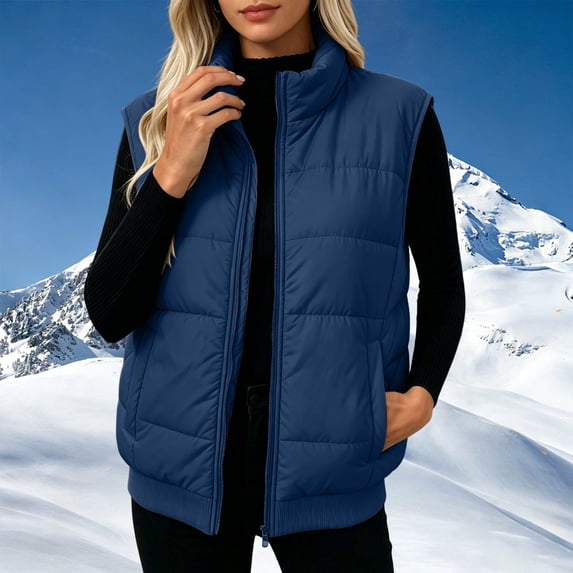 TARIENDY Puffer Quilted Vest for Women Stand Collar Zipper Warm Winter Jackets Lightweight Sleeveless Casual Padded Coat Navy XL