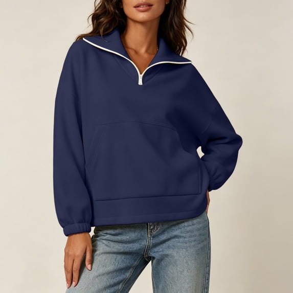 TARIENDY Quarter Zip Sweatshirt Women Solid Color Long Sleeve Pullover Sweatshirts with Pocket Fashion Fall Casual Tops Blue XL