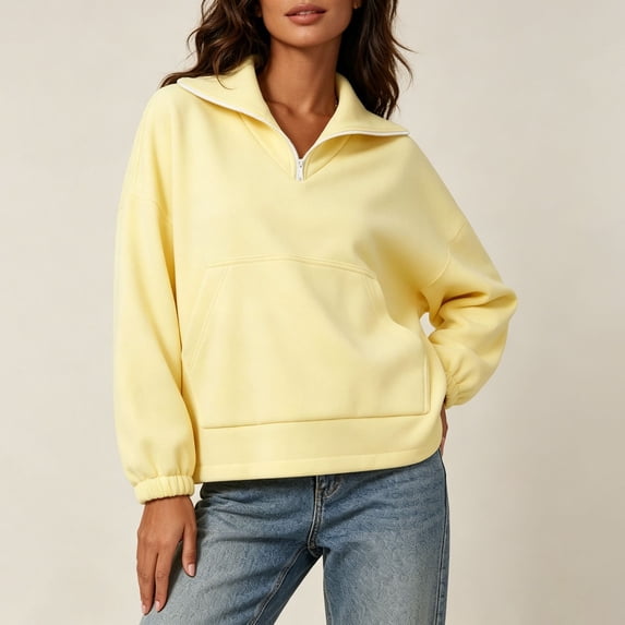 TARIENDY Quarter Zip Sweatshirt Women Solid Color Long Sleeve Pullover Sweatshirts with Pocket Fashion Fall Casual Tops Yellow M