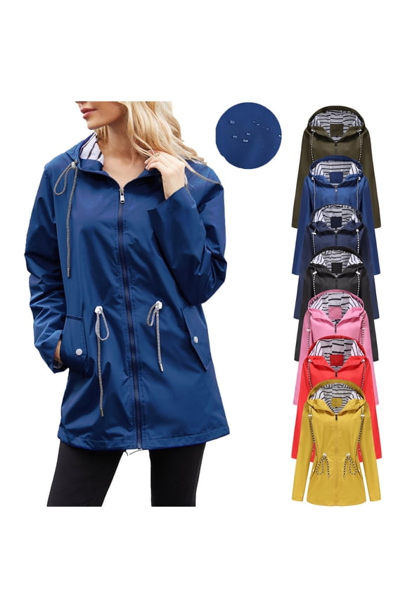 Raincoat for Women Waterproof Hooded Rain Jacket Cinch Waist Rain Coats with Pockets Striped Lined Jackets Blue S