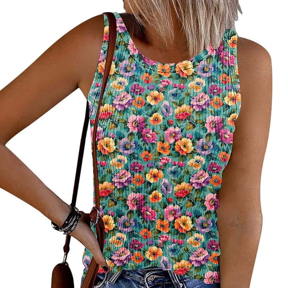 TARIENDY Ribbed Knit Tank Top for Women Plus Size Sleeveless Floral Printed Tops Summer Casual Round Neck Blouses Trendy Going Out Tops Multicolor XXXL