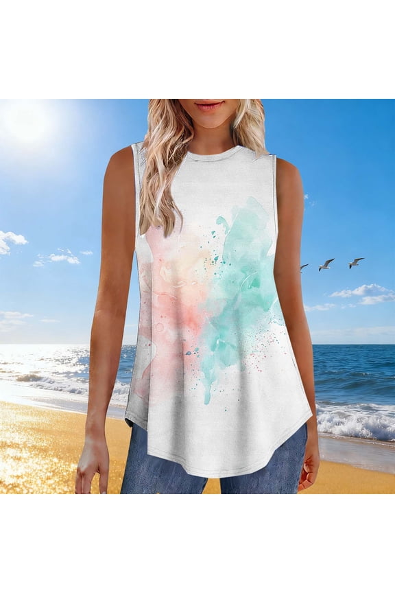 Round Neck Tank Top for Women Casual Loose Sleeveless Ruched Graphic Shirts Flowy Swallowtail Hem Blouses Going Out Tops Summer Clothes White S