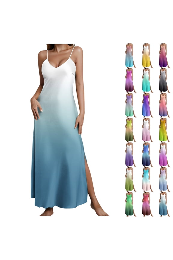Satin Night Dress for Women Gradient Maxi Camisole Night Gowns Silky Spaghetti Straps Slip Sleepdress Slit Sleeveless Summer Sleepwear Multicolor*19 M