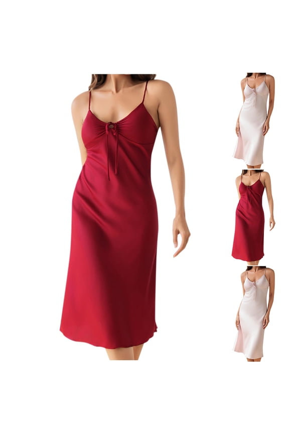 Satin Nightgowns for Women with Built in Bra Spaghetti Straps Sleeveless Night Gown Solid Color Slip Dress Chemise Midi Sleepwear Wine XL
