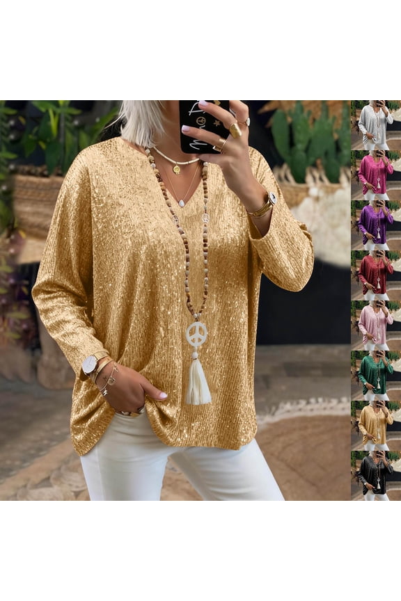 Sequin Shirts for Women V Neck Sparkly Glitter Tops for Party Night Dressy Casual Long Sleeve Blouse Shirt Green S