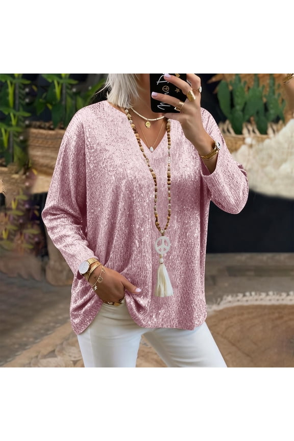 Sequin Shirts for Women V Neck Sparkly Glitter Tops for Party Night Dressy Casual Long Sleeve Blouse Shirt Pink XXL