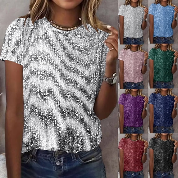 TARIENDY Sequin T Shirts for Women Short Sleeve Party Club Shirt Fashion Sparkle Glitter Tshirt Loose Fit Crewneck Tees Pink S