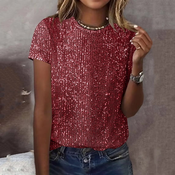 TARIENDY Sequin T Shirts for Women Short Sleeve Party Club Shirt Fashion Sparkle Glitter Tshirt Loose Fit Crewneck Tees Wine XL