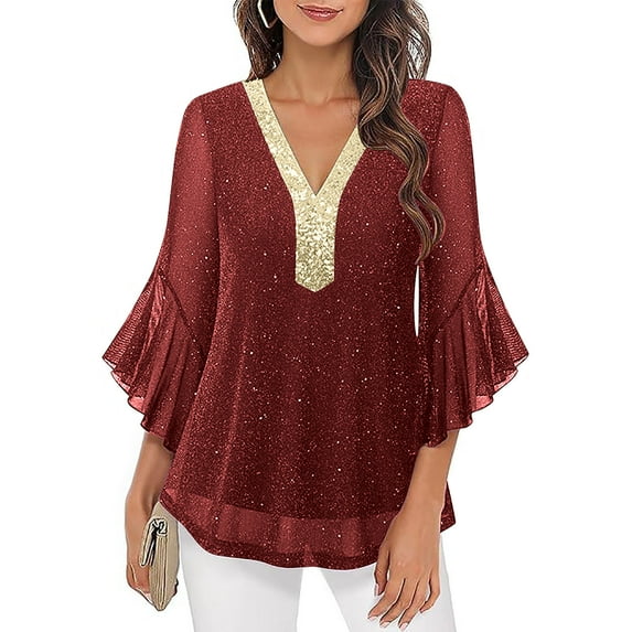 TARIENDY Sequin Tops for Women Elegant Mesh 3/4 Sleeve Ruffle Sleeve Shirts Fashion Sparkly Glitter Shirt for Party Club Wine M
