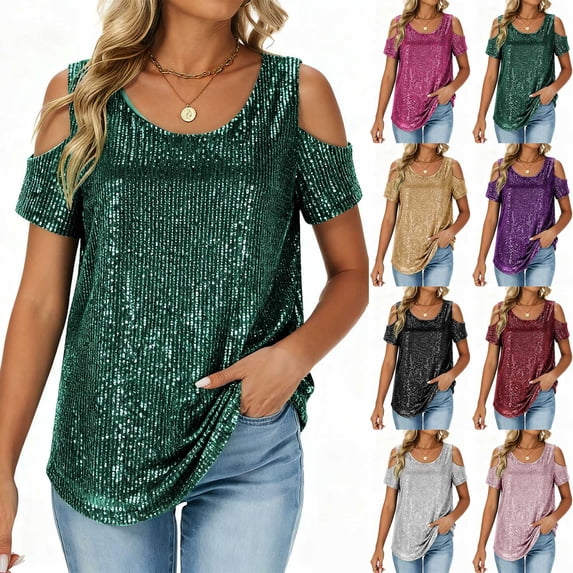 TARIENDY Sequin Tops for Women Fashion Clod Shoulder Glitter Sparkly Shirts Loose Fit Short Sleeve Evening Party Club Shirt Hot Pink S