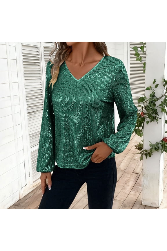 Sequin Tops for Women Sparkling Glitter V Neck Shirts Evening Party Long Sleeve Shirt Dressy Casual Cocktail Clubwear Green XXL
