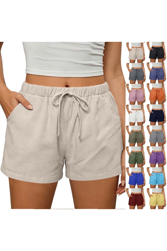 Shorts for Women Linen Cotton Elastic High Waisted Summer Casual Shorts with Pockets Lightweight Beach Vacation Lounge Wear Army Green L