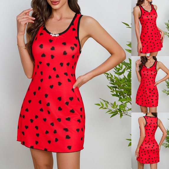 TARIENDY Sleeveless Nightgowns for Women Wide Strap Tank Sleep Dress Crewneck Nightwear Heart Print Home Dresses Soft Night Gown with Pearts Red M