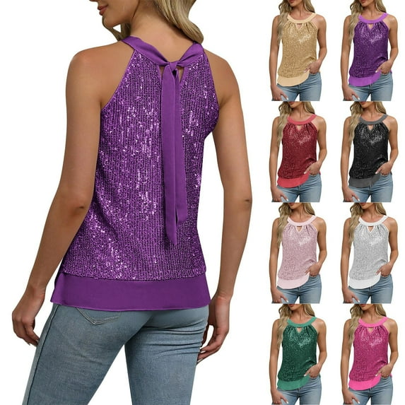 TARIENDY Sparkly Tops for Women Sleeveless Night Club Shirts Glitter Sequin Round Neck Tank Top for Evening Party Hot Pink S