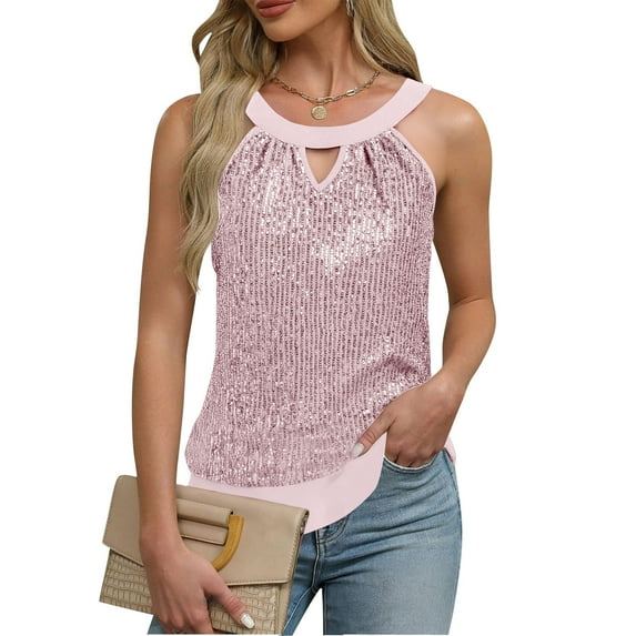 TARIENDY Sparkly Tops for Women Sleeveless Night Club Shirts Glitter Sequin Round Neck Tank Top for Evening Party Pink L