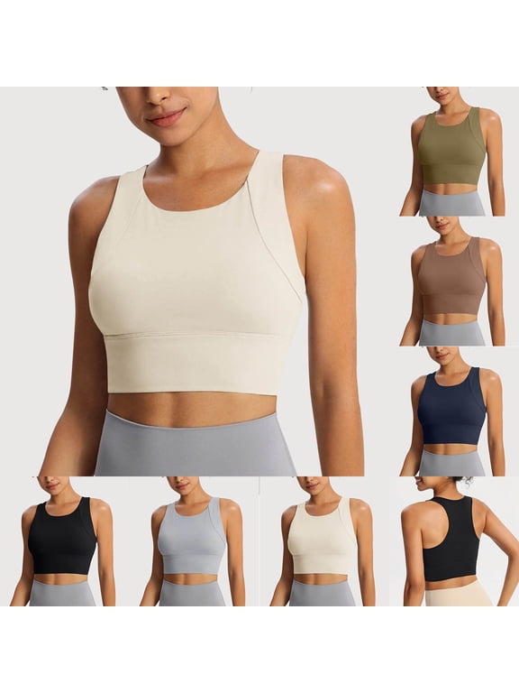 Sports Bra for Women High Neck Full Coverage Longline Workout Crop Tank Tops for Yoga Gym Racerback Sports Bra Coffee L