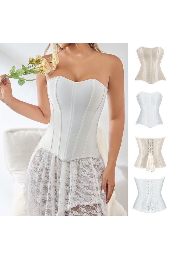 Strapless Corset Top for Women Going Out Bodice Shapewear with Zipper Lace Up Boned Waist Bustiers Party Clubwear White L