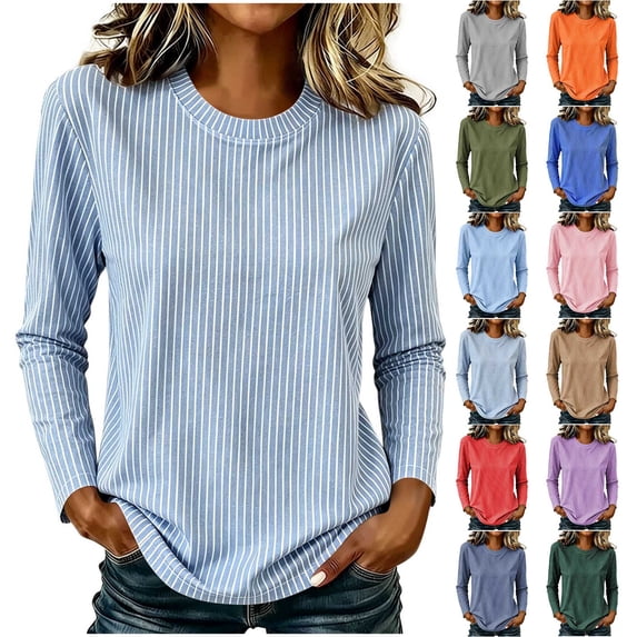 TARIENDY Striped Shirt Women Long Sleeve Fall Layering Shirts Crewneck Basic Casual Tees Fashion Spring Clothes M