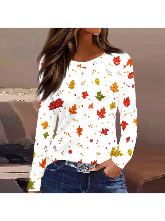 Thanksgiving Shirts for Women Crewneck Long Sleeve Fall Festival Casual Shirt Mushroom Maple Leaf Printed Blouses Family Party Clothes 2XL