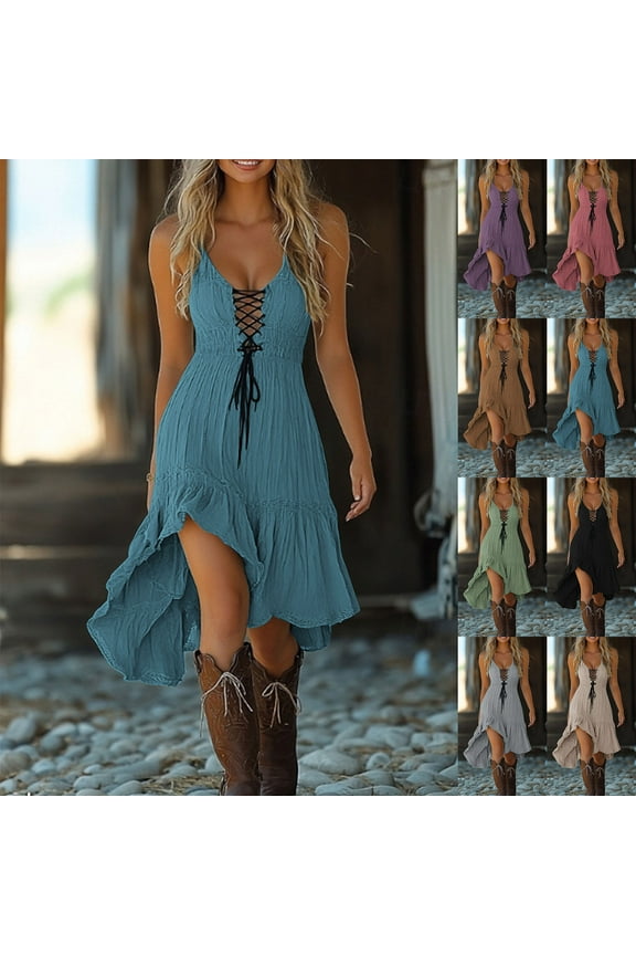 Vintage Western Cowgirl Dresses for Women Cotton Linen Midi Dress Flowy Ruffled Hem Sundress Lace Up Sleeveless Beach Dresses Medieval Renaissance Dress