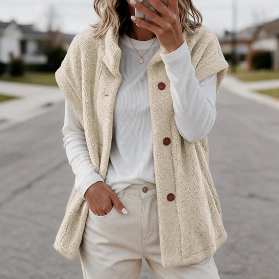 TARIENDY Warm Vests for Women Winter Fleece Jackets Sleeveless Stand Collar Button Down Outerwear Vest for Cold Weather Beige XL