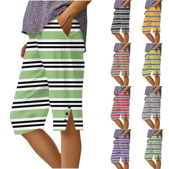TARIENDY Women Bermuda Shorts Knee Length Elastic Waisted Shorts Trendy Striped Side Slit Summer Casual Short Vacation Lounge Outfits Orange S
