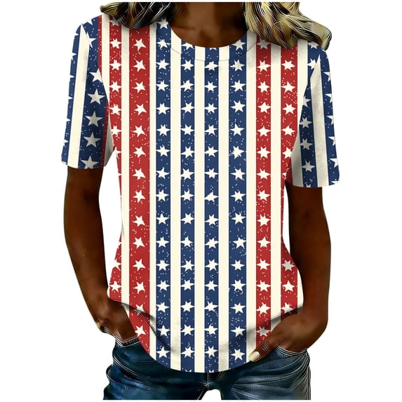 TARIENDY Women Independence Day T Shirts Short Sleeve Round Neck Tunic Patriotic Printed Shirt Plus Size 4th of July Festival Outfits Red*3 M