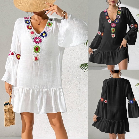 TARIENDY Women Swimsuit Cover Up Long Sleeve Vacation Beach Dress Loose Casual Ruffle Hem Cover Ups Bathing Suit Coverup White Free Size