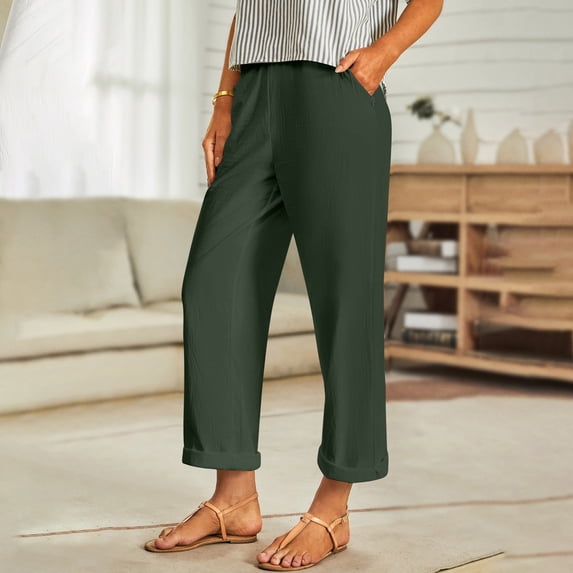 TARIENDY Women's Linen Pants Summer Wide Leg Cropped Pants Elastic Waist Solid Color Vacation Casual Pant with Pockets S