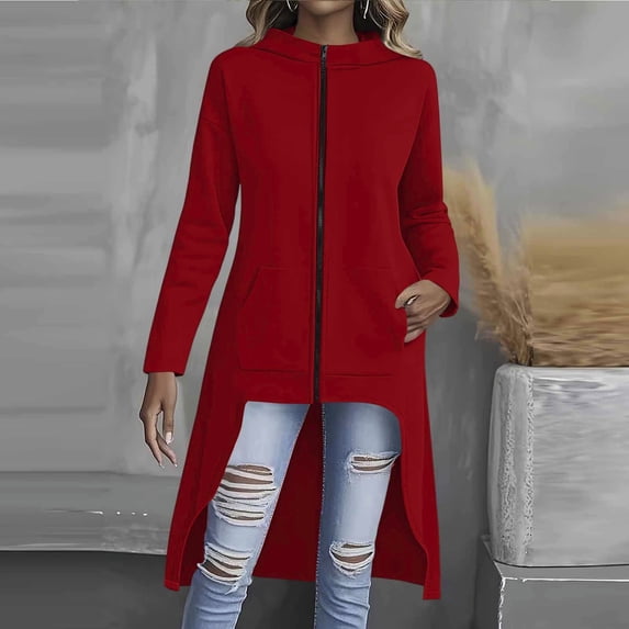 TARIENDY Women's Long Zip Up Hoodie High Low Hem Hooded Jackets Long Sleeve Casual Sweatshirt Coats Fashion Fall Sweatshirts Jacket Red*1 S
