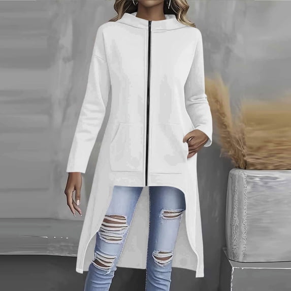 TARIENDY Women's Long Zip Up Hoodie High Low Hem Hooded Jackets Long Sleeve Casual Sweatshirt Coats Fashion Fall Sweatshirts Jacket White M