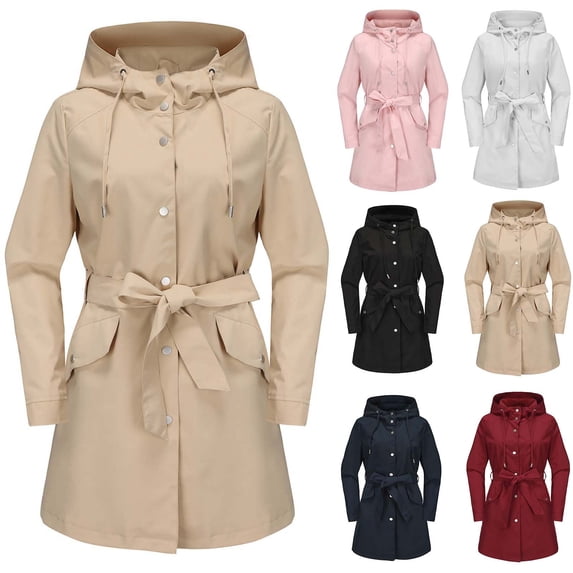 TARIENDY Women's Rain Jacket Thin Casual Long Raincoats with Belt Hooded Windbreaker Spring Waterproof Coat Fall Trench Coats Black XL