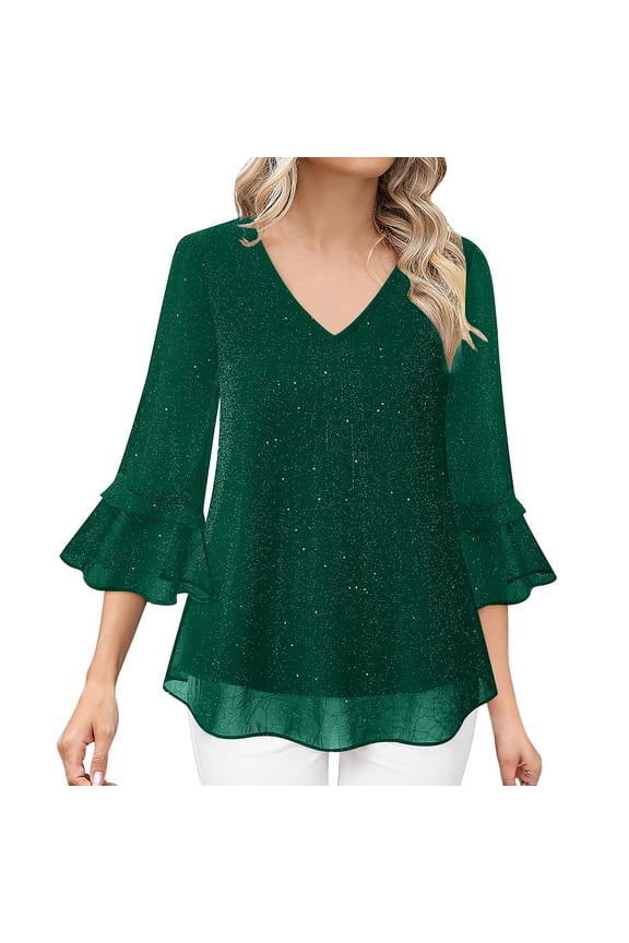 Womens 3/4 Ruffle Sleeve Tops Elegant Sparkly Sequin Evening Party Shirts Dressy Casual V Neck Party Club Blouses Green L
