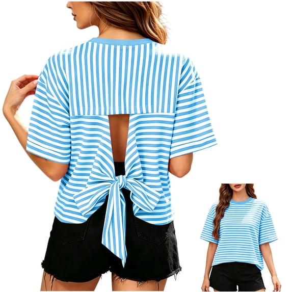 TARIENDY Womens 3/4 Sleeve Striped Shirts for Summer Fashion Bow Tie Back Blouses Loose Fit Crewneck Tops Spring Outfits Blue L