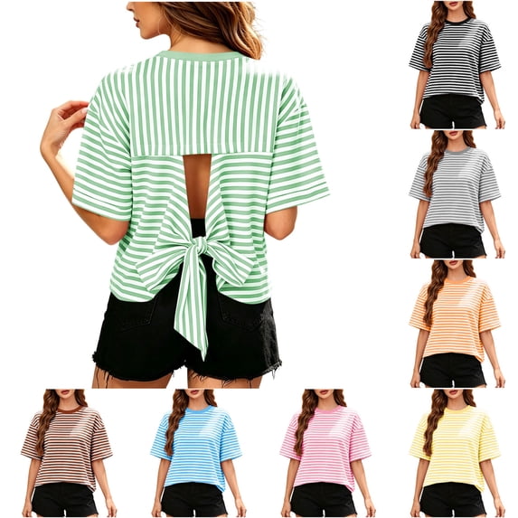 TARIENDY Womens 3/4 Sleeve Striped Shirts for Summer Fashion Bow Tie Back Blouses Loose Fit Crewneck Tops Spring Outfits Yellow XL