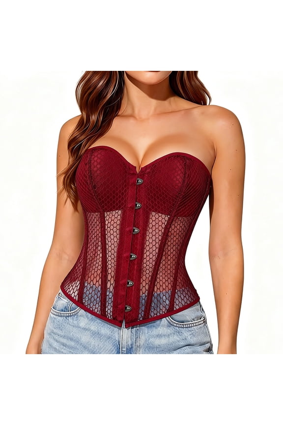 Womens Corset Top Breathable Sheer Mesh Overbust Bustiers Shapewear with Buckle Going Out Bridal Party Strapless Bodice Blouses Wine M
