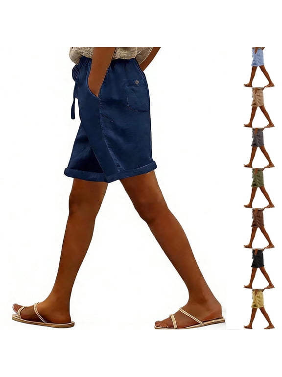 Womens Cuffed Shorts with Pockets Comfort Linen Lounge Shorts Drawstring Waisted Casual Short Loose Fit Beach Vacation Clothes Navy M