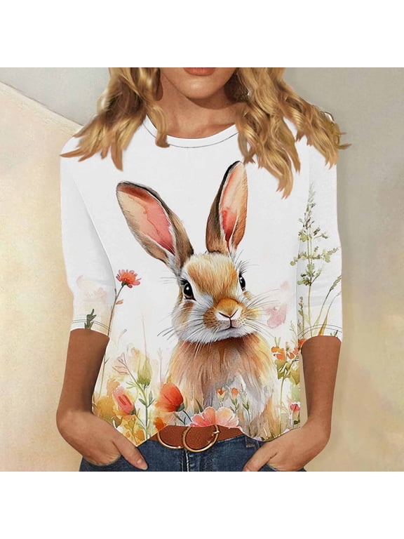 Womens Easter Shirts Loose Fit Easter Day Blouses 3/4 Sleeve Bunny Graphic Tees Plus Size Round Neck Tops Multicolor XXXXL