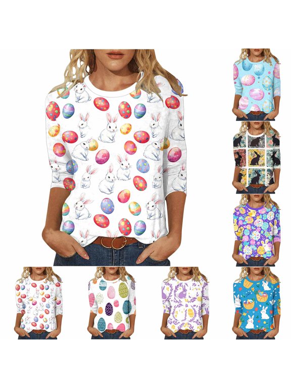 Womens Easter Shirts Plus Size Floral Rabbit Graphic Tees 3/4 Sleeve Easter Day Blouses Loose Crewneck Festival Tops White XXXL