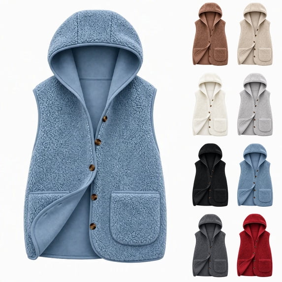TARIENDY Womens Fleece Vest with Pocket Hooded Sleeveless Button Down Jackets Fuzzy Warm Casual Coat Vests Lightweight Fall Winter Outerwear Dark Gray L