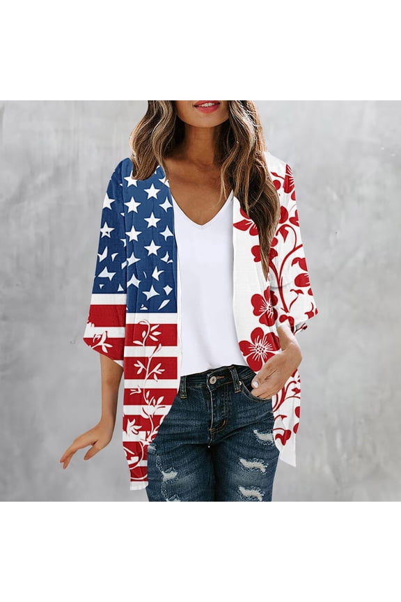 Womens Floral Chiffon Kimono Cardigan American Flag Sunflower Graphic Cover Ups Lightweight 3/4 Length Sleeve Plus Size Cardigans Multicolor*24 XL