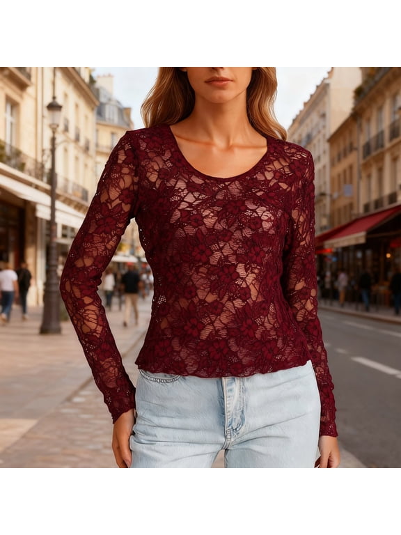 Womens Lace Top Slim Fitted Long Sleeve Mesh Undershirts Crewneck Hollow Out Blouses Elegant Spring Fall Baselayer Red M