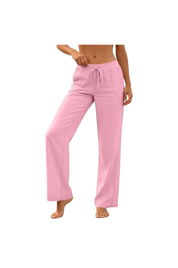 Womens Linen Pants with Pockets Straight Wide Leg Beach Vacation Pant Drawstring Elastic Waist Trousers Pink L