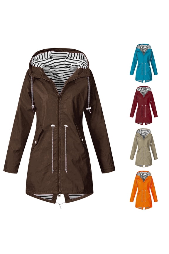 Womens Long Raincoat Striped Lined Waterproof Hooded Trench Coats Plus Size Cinch Waist Jackets Windbreaker Brown L